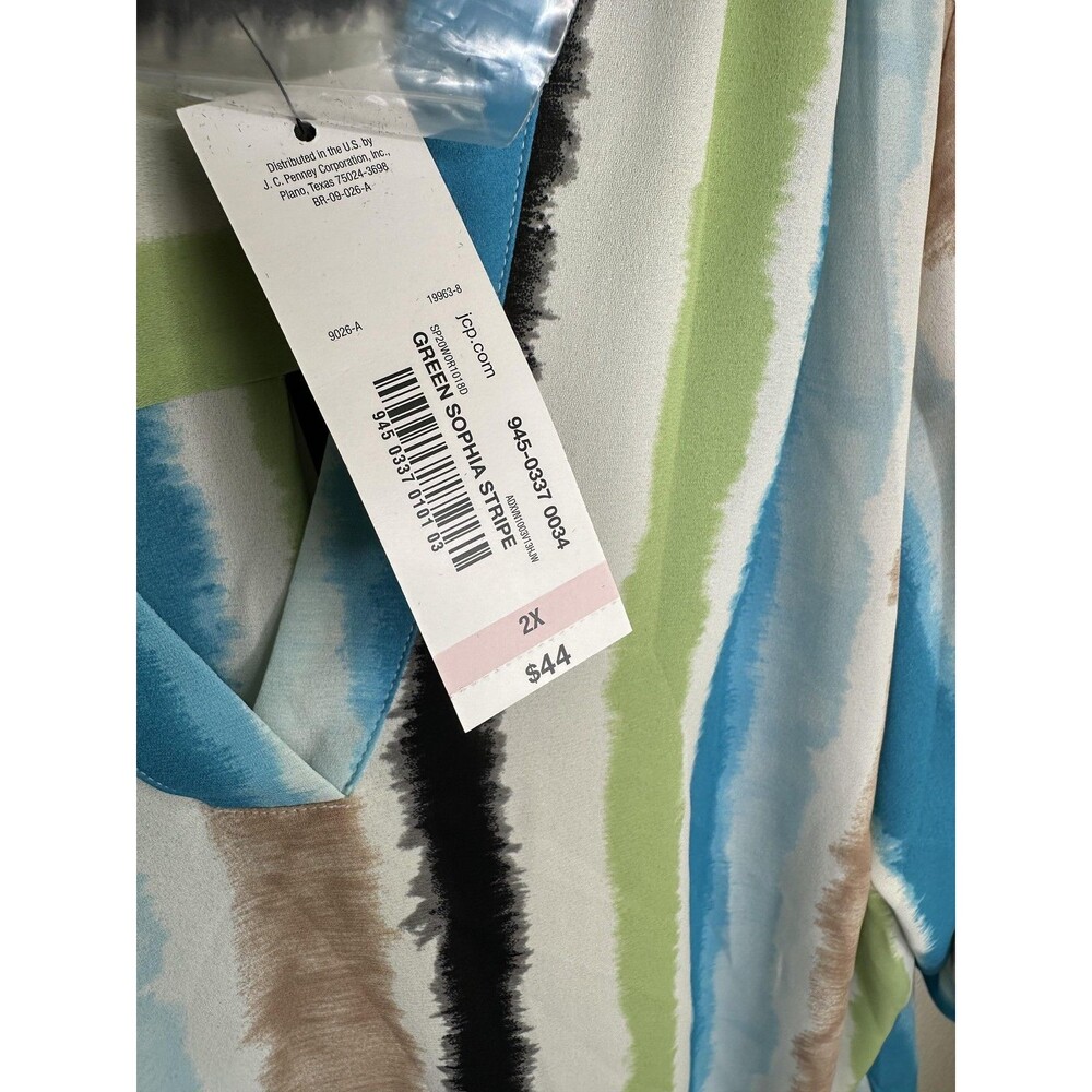 NEW Worthington Woman Shirt Womens 2X Blue Green Sophia Stripe 3/4 Sleeve V Neck - Picture 5 of 7